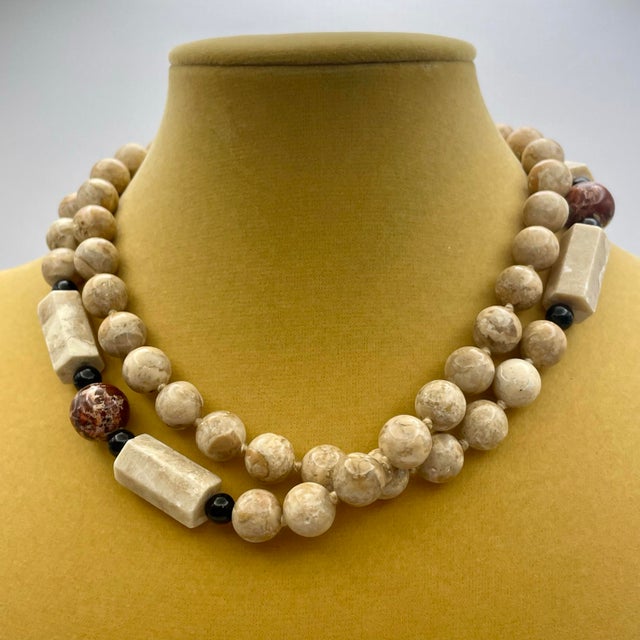 Chunky Fossil & Red Brecciated Jasper Bead Necklace 1990s Individually Knotted 32” For Sale - Image 6 of 8