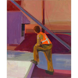 Worker by Hiroshi Sato | Oil on canvas of a construction worker in an orange vest. For Sale