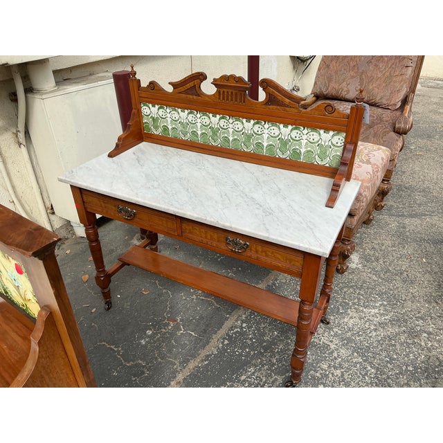 Early 20th Century Victorian-Style Rolling Work Cabinet With Marble Top and Decorative Tile For Sale In Los Angeles - Image 6 of 7