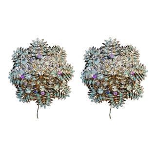 Pair of Vintage Crystal Flush Mount Chandeliers, Hand-Painted Ceiling Lights, Large Mid Century Style Wall Sconces, Low Ceiling Light Set For Sale