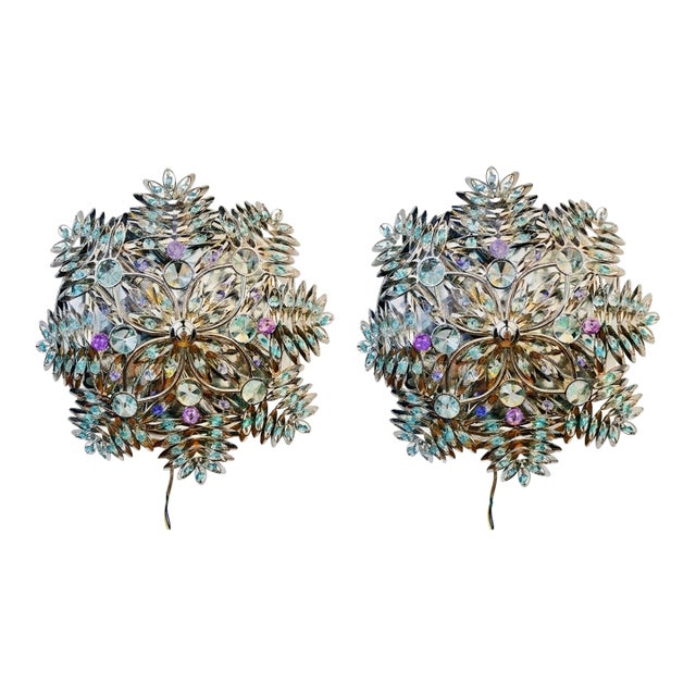 Pair of Vintage Crystal Flush Mount Chandeliers, Hand-Painted Ceiling Lights, Large Mid Century Style Wall Sconces, Low Ceiling Light Set For Sale