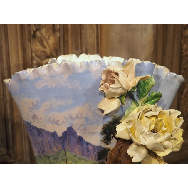 Pair of Circa 1890 Hand Painted French Gros-Relief Blue Ground Barbotine Vases For Sale In Dallas - Image 6 of 18