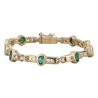 1.96ctw Emerald Diamond Bar Link Bracelet 18k Yellow Gold 6.5" For Sale