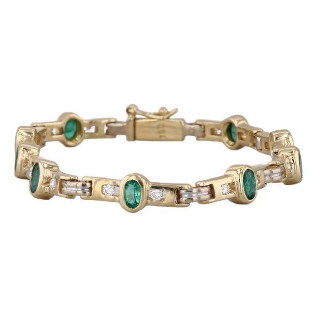 1.96ctw Emerald Diamond Bar Link Bracelet 18k Yellow Gold 6.5" For Sale