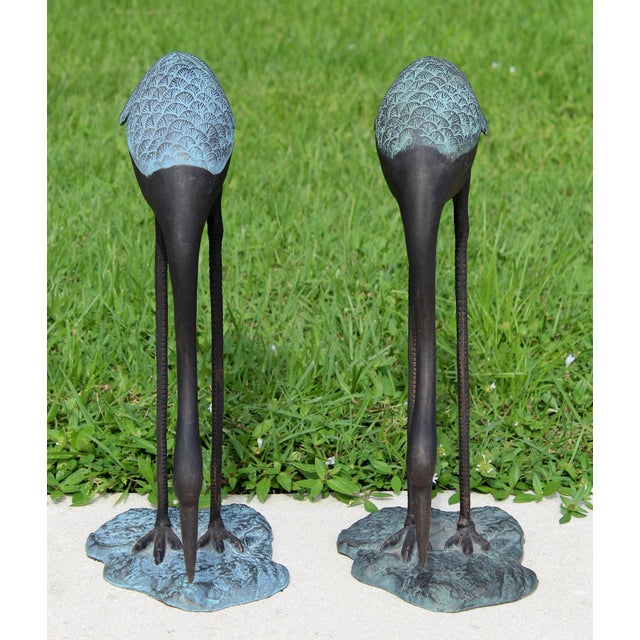 1980s Vintage Hollywood Regency Verdigris Cast Metal Garden Crane Sculptures – Pair For Sale - Image 5 of 18