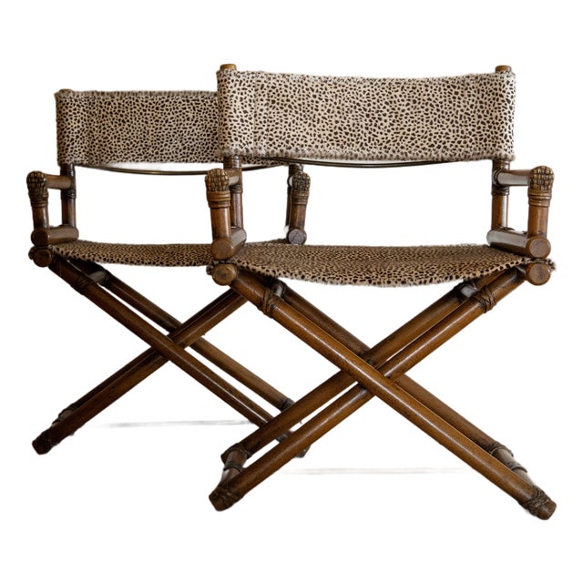 1970's McGuire Directors "X" Chairs (Pair) in Cheetah Print For Sale