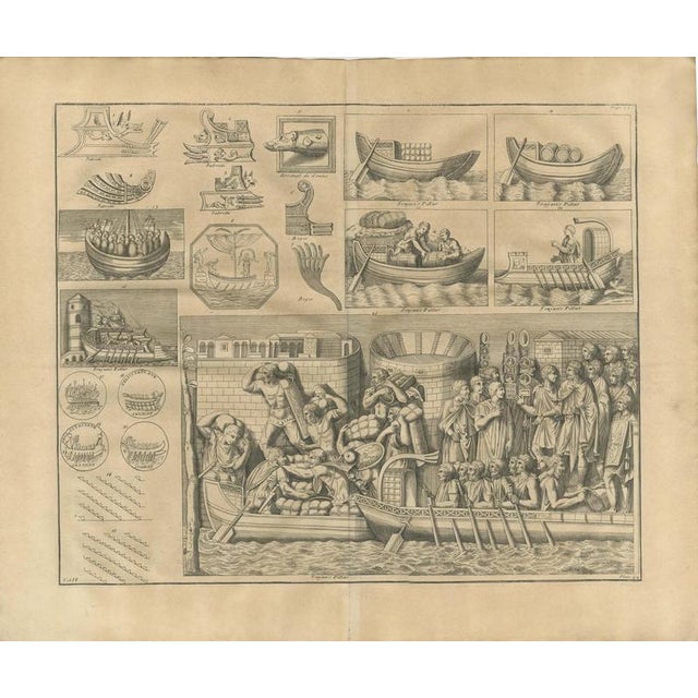 Bernard de Montfaucon, Roman Ships, Prows, Coins and a Loading Scene from Trajan's Column, 1722, Engraving For Sale - Image 3 of 8