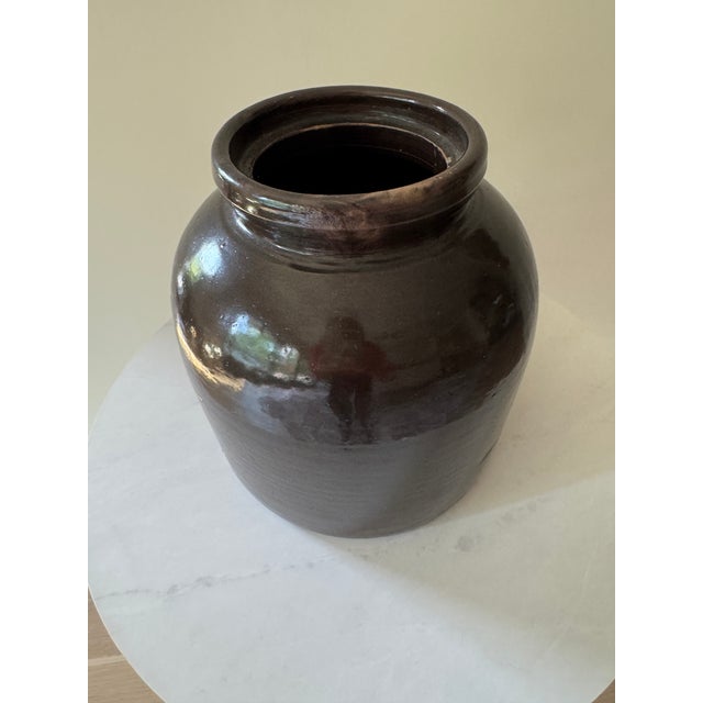 American Antique Albany Slip Stoneware Storage Jar — 19th Century American, Dark Brown Glaze For Sale - Image 3 of 4