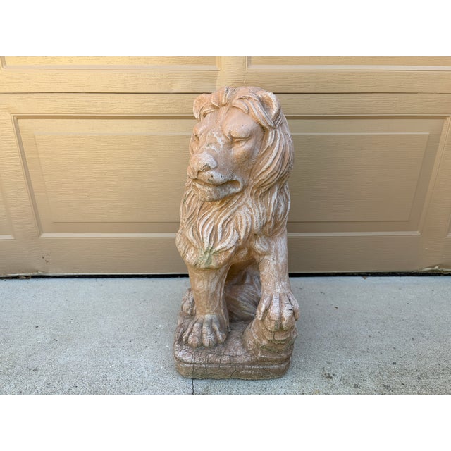 Terra Cotta Vintage Italian Provincial Cast Concrete Lion Garden Statue With Weathered Terracotta Finish For Sale - Image 8 of 12