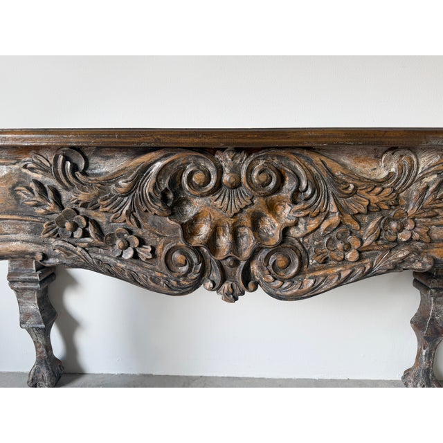 1980s Vintage Italian Baroque Style Hand-Carved Wood Console Table With Paw Feet For Sale - Image 5 of 18