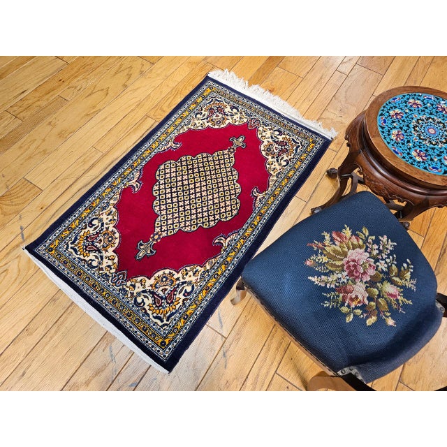 Textile Vintage Persian Qum Area Rug, Hand-Knotted Wool, Geometric Medallion Pattern, 3x5, Red & Navy For Sale - Image 7 of 18