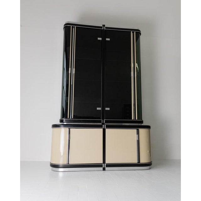 Vintage Art Deco Style Bar Cabinet in Lacquered Wood, Green Marble, Aluminium and Curved Smoked Glass, 1950s For Sale - Image 12 of 17