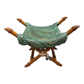 Vintage Faux Bois Draped Stool With Carved Bamboo X-Frame For Sale