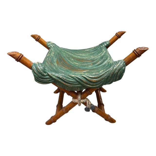 Vintage Faux Bois Draped Stool With Carved Bamboo X-Frame For Sale