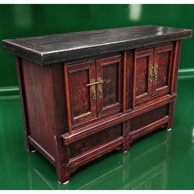 Asian Antique Late Qing Chinese Red and Black Lacquer Cabinet With Gilt Floral Decoration & Brass Hardware, Circa 1900 For Sale - Image 3 of 14