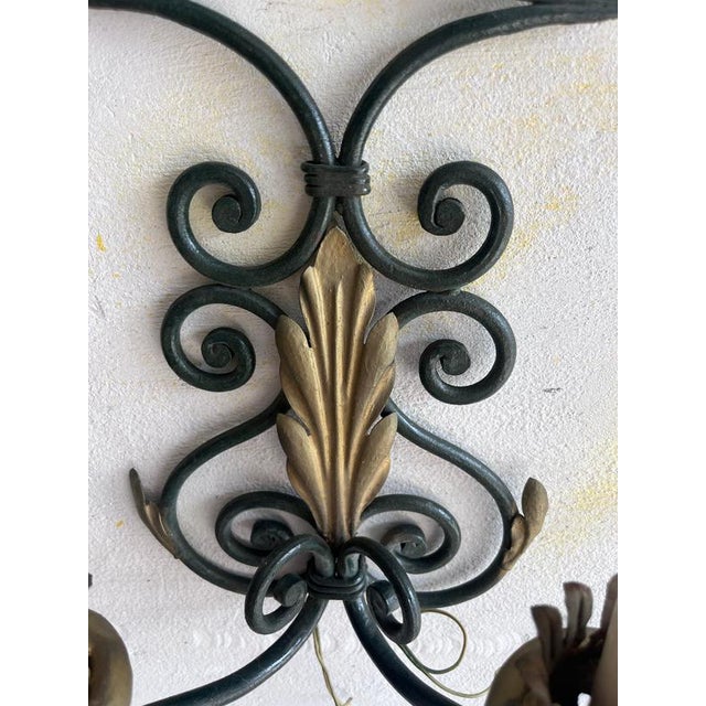 Wrought Iron Wall Sconces with Gilt Leaf Motifs, Set of 2 For Sale - Image 4 of 8