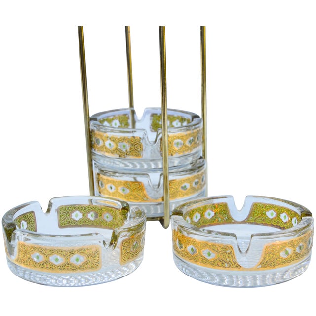 Mid 20th Century Mid 20th Century Gold-Patterned Culver Glass Ashtrays With Caddy- 5 Pieces For Sale - Image 5 of 7