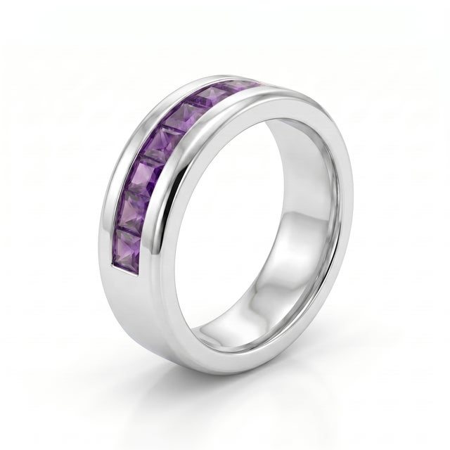 Contemporary Natural Amethyst Wedding Ring • Channel Set Stacking Band Ring Us 7 For Sale - Image 3 of 4