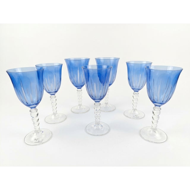 1970s Vintage Blue Crystal Wine Glasses, 1970s, Set of 7 For Sale - Image 5 of 5