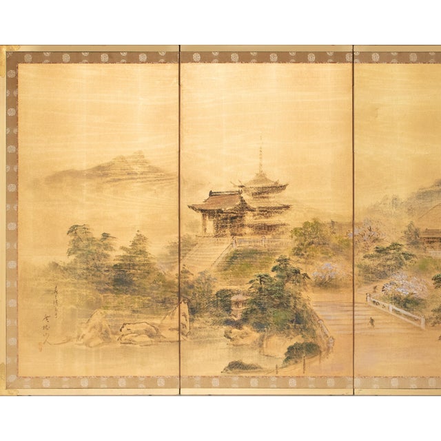 Japanese 1950s Showa Era Japanese Painted Byobu Screen "Landscape With Temple" For Sale - Image 3 of 17