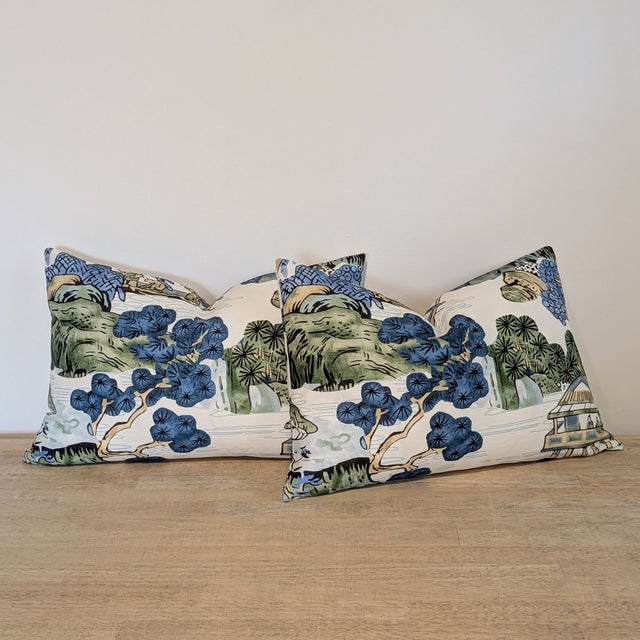 Thibaut Thibaut Asian Scenic Blue & Green Lumbar Pillows - Set of 2 For Sale - Image 4 of 6