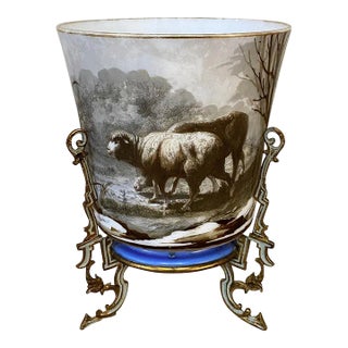 19th Century French Limoges-Style Hand Painted Porcelain Jardinière With Enameled Mounts For Sale