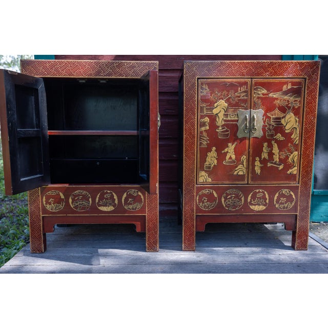 Rare Pair of 19th Century Chinese Red Lacquer Chinoiserie Cabinets For Sale - Image 6 of 16