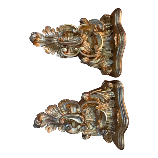 Pair Of 19th Century Italian Giltwood Wall Brackets. Stunning large pair of Italian Baroque style painted and gilt wood...