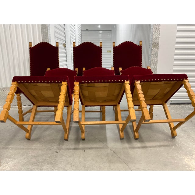 Set of 6 1970s Danish Oak Dining Chairs - Style of Henning Kjærnulf - Original Red Mohair For Sale - Image 18 of 18