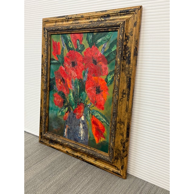 Traditional Boulet Red Flower Still Life Painting, Signed For Sale - Image 3 of 12