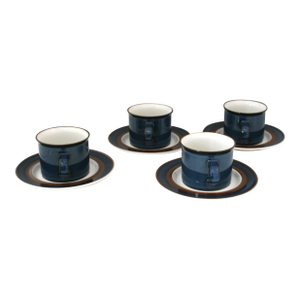 Vintage 70s Haniwa Ranmaru Capri Pattern Stoneware Cups & Saucers - 8 Pieces