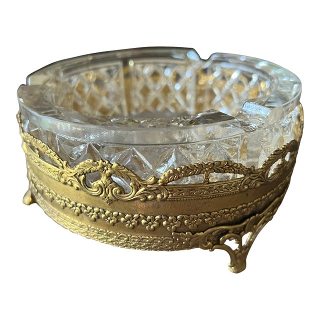 1960s Ashtray Pressed Glass With Gold Ormolu Holder/Base Footed French-Style For Sale