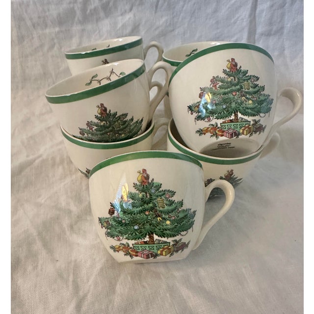 Green Spode "Christmas Tree" Cup & Saucer Set of 8 For Sale - Image 8 of 11