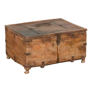 19th Century Rustic Indian Carved Rosette Small Foot Treasure Box