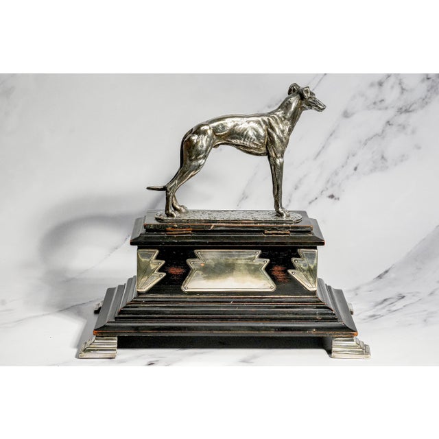 Rare 1920s English Art Deco Ebonized Wood Silverplate Greyhound Statue Sculpture Cigar Box Home Decor For Sale - Image 13 of 18