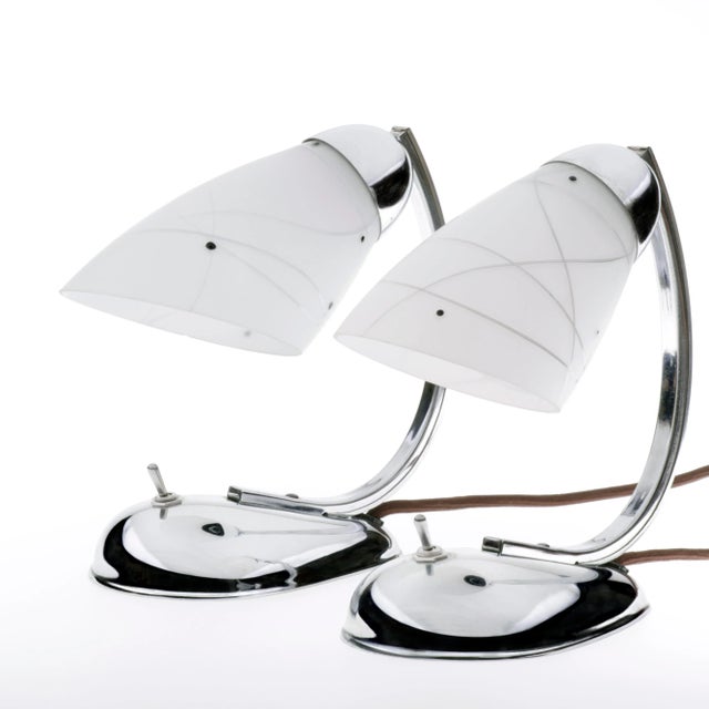 White Art Deco Bedside Lamps in Chromed Glass by Josef Hurka for Napako, 1950s, Set of 2 For Sale - Image 8 of 8