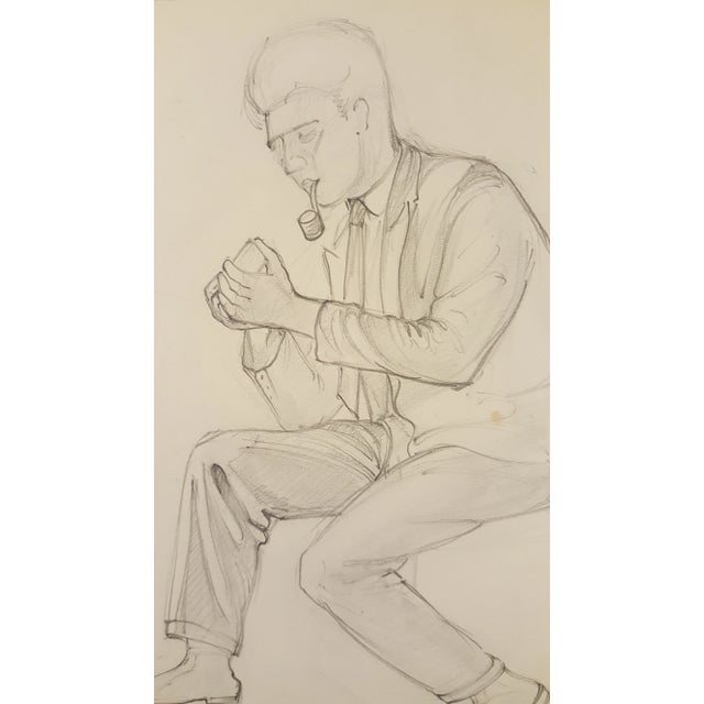 Drawing Of A Man Smoking A Pipe By Eileen Churm For Sale - Image 5 of 5