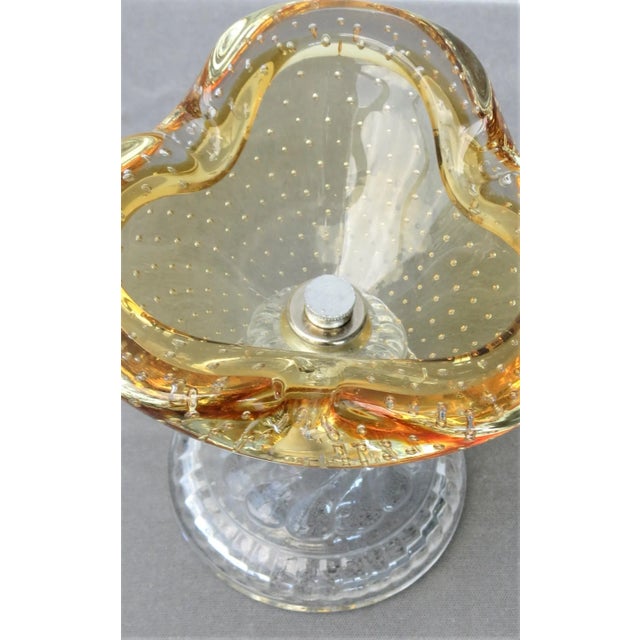 Beautiful Honey Gold Mint Condition Vintage Murano Blown Glass Bowl with controlled bubbles. Fixed atop a clear cut glass...