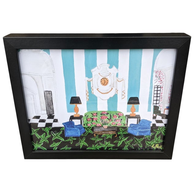 Original Fauvist Greenbrier Resort Hotel "Lobby Lounge" Dorothy Draper Interior Art For Sale In Charlotte - Image 6 of 14