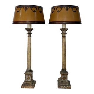 Mid 20th Century Italian Neoclassical Corinthian Column Table Lamps Distressed Giltwood - a Pair For Sale