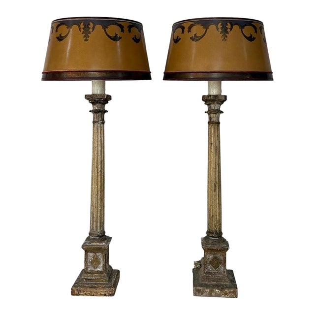 Mid 20th Century Italian Neoclassical Corinthian Column Table Lamps Distressed Giltwood - a Pair For Sale