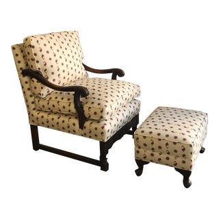 Custom Kathryn M. Ireland Fabric Armchair and Ottoman- a Pair For Sale