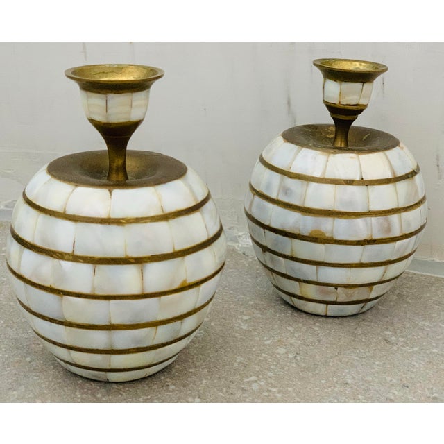 1970’s Vintage Indian Tessellated Mother of Pearl, Shell Candlestick Holders With Brass Trim- A Pair For Sale In San Antonio - Image 6 of 12