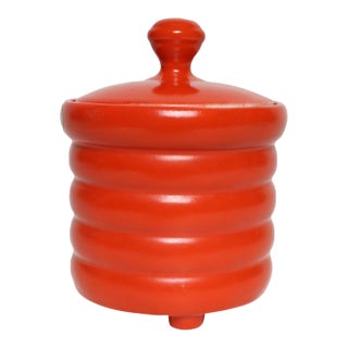 Vintage Czech Bohemian Orange Art Pottery Ribbed Lidded Canister by Erphila For Sale