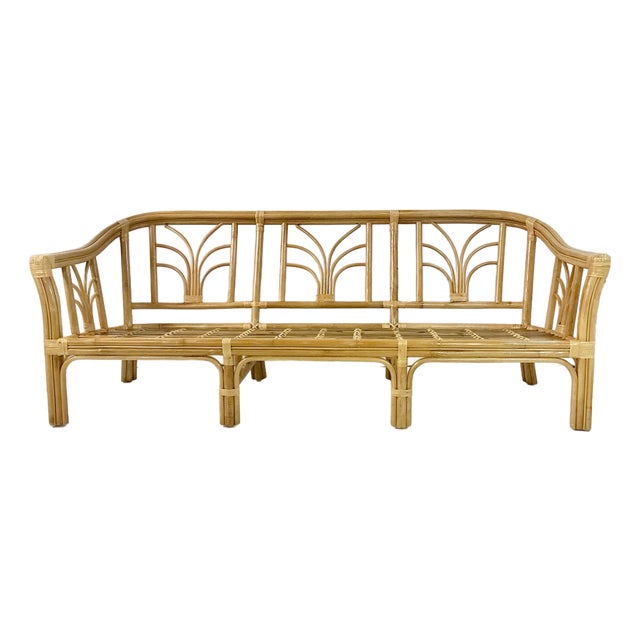 1970s Vintage Coastal Boho Chic Hollywood Regency Ficks Reed Bamboo & Rattan Sofa For Sale