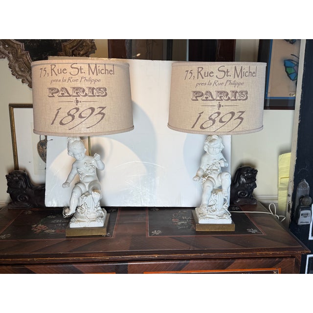 Lovely pair of Italian Ceramic “ Blanc Du Chin Lamps with unusual French inspired Shades Wonderful Movement and over Ponaz...
