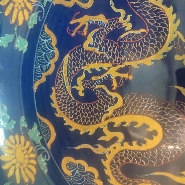 Early 20th Century Chinese Ceramic Plate,Zhizheng Marked Blue Ground Golde Drawing Porcelain Plate Hand Painted Dragon Pattern For Sale - Image 9 of 10