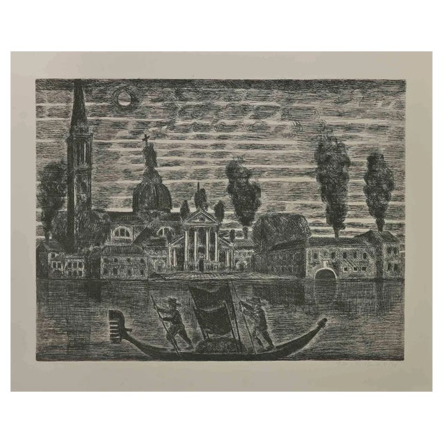 Gianpaolo Berto, Gondoliers in Venice, Etching, 1974 For Sale
