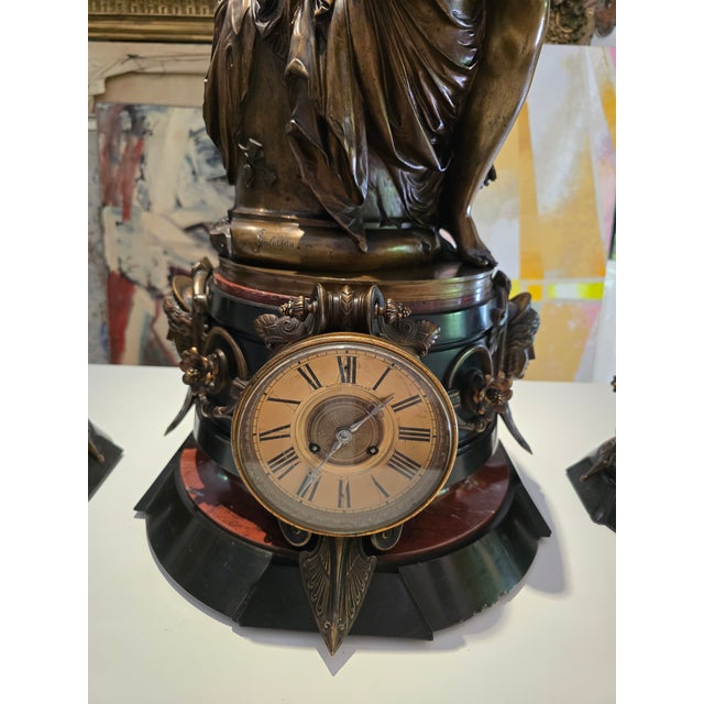 Antique Grand Palace Signed Bronze Clock Set For Sale - Image 4 of 18
