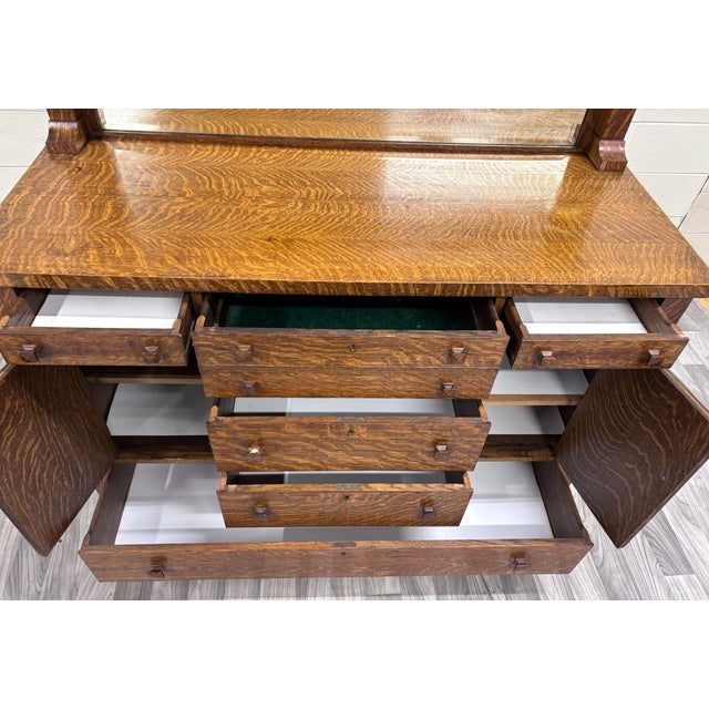 Wood Antique American Mission Arts & Crafts Tiger Oak Sideboard Buffet Console For Sale - Image 7 of 13